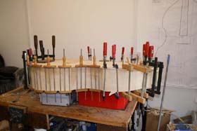 double bass making - gluing the sides to the back